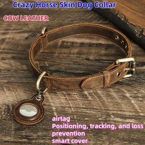 1PC Vintage Double-Sided Genuine Leather Dog Collar with Airtag Holder