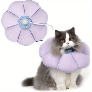 Waterproof Cat Recovery Cone - Anti-Bite & Lick, Cute Purple Flower Design, All-Season Nylon Collar