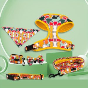 Festive Dog Harness & Leash Set: Vibrant Printed Dog Harness, Choker, Bow, Triangular Scarf, Litter Bag, and Adjustable Leash - Perfect for Holiday Outings!