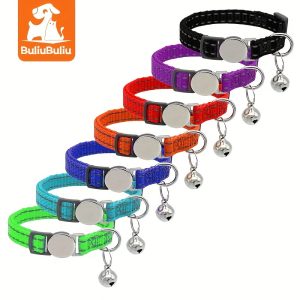 Buliubuliu 7pcs Reflective Breakaway Cat Collars with Bells - Adjustable, Soft Nylon Safety Collars for Small Pets, Boys & Girls