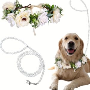 Dog Flower Collar Wedding And Leash Set Pearls, Dog Wedding Flower Collar With Pearls Beaded Elegant Dog Flower Headband Pet Photo Prop For Wedding Adjustable Floral Collars Pet (Medium)