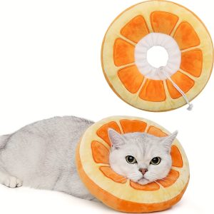 Comfort-Fit Adjustable Cat Recovery Collar With Drawstring - Cartoon Grapefruit Design, Cotton Material, Ideal For Post-Surgery Healing & Scratch Prevention